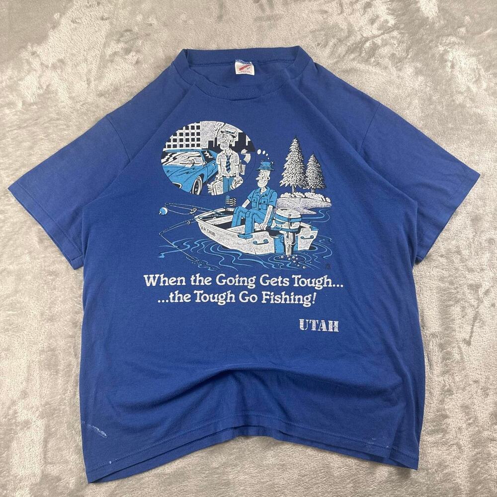 Vintage Jerzees Fishing T-Shirt Men’s Large Blue Utah Cartoon Graphic Tee